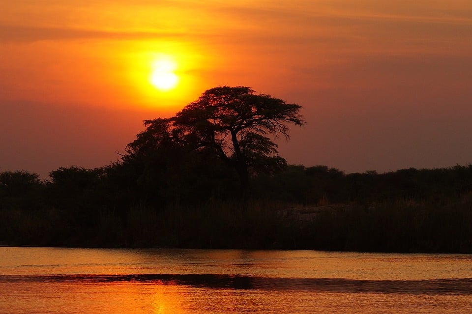 Le Coucher Du Soleil, Fleuve, Silhouette, Des Arbres